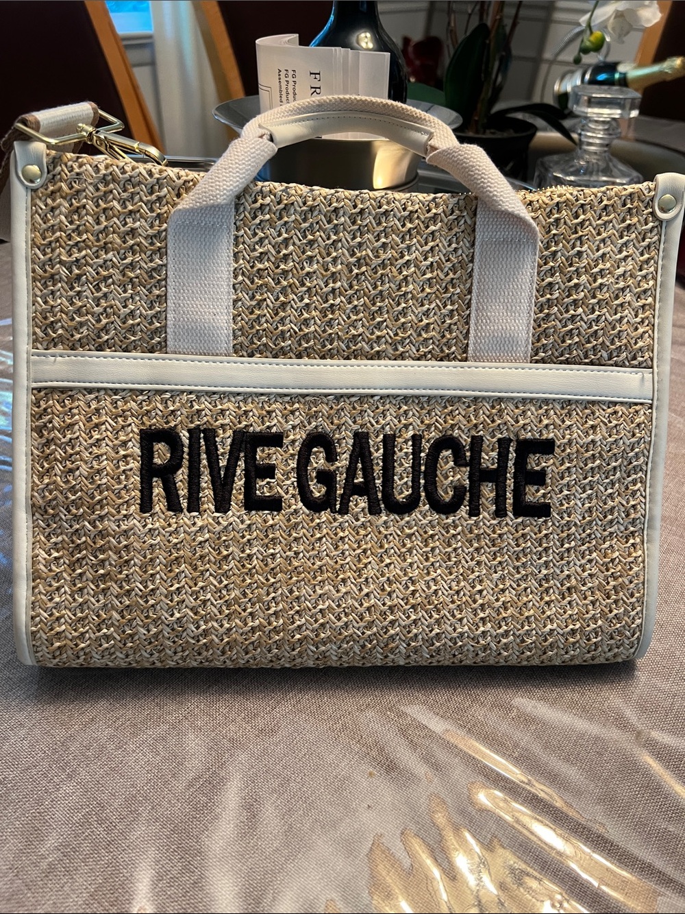 Natural Straw Tote with White Trim